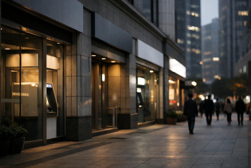 A row of Chinese bank branch facades along a commercial street in a major financial district – China banks loan demand