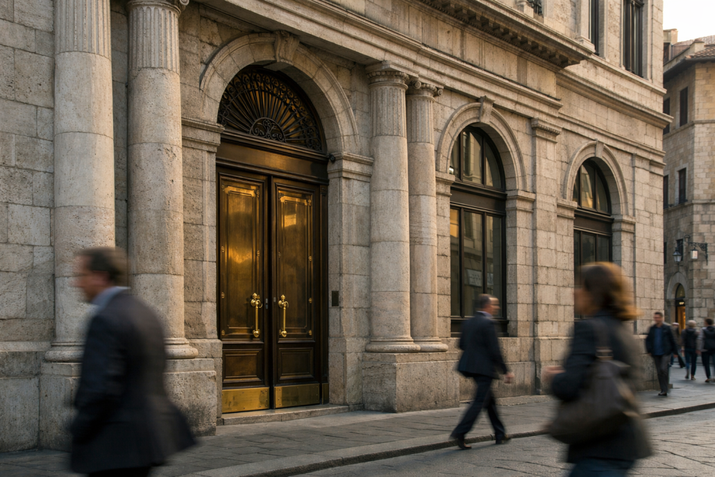 Facade of an Italian bank branch in a historic city centre, representing Monte dei Paschi di Siena's credit rating upgrade – MPS DBRS upgrade