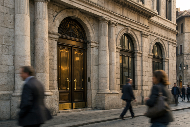 Facade of an Italian bank branch in a historic city centre, representing Monte dei Paschi di Siena's credit rating upgrade
