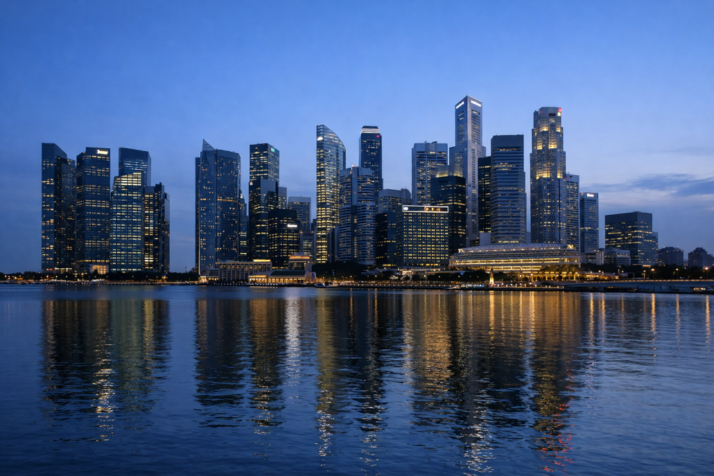 Singapore financial district skyline with major bank towers at dusk – Singapore bank MTM losses