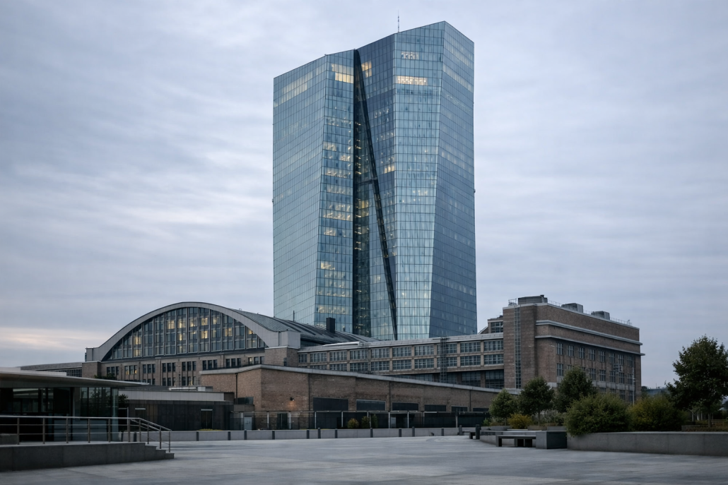 ECB Survey: 72% of Euro Firms Self-Fund AI Investment – ECB AI investment survey European Central Bank headquarters in Frankfurt against a cloudy sky, representing euro area corporate finance data – ECB AI investment survey