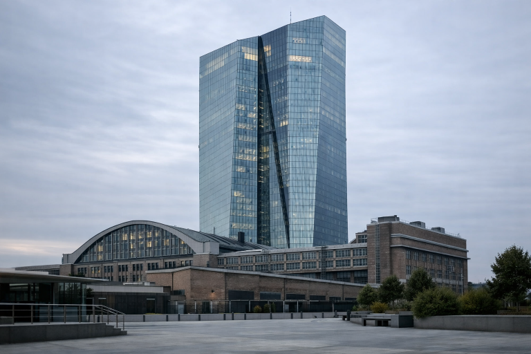 European Central Bank headquarters in Frankfurt against a cloudy sky, representing euro area corporate finance data