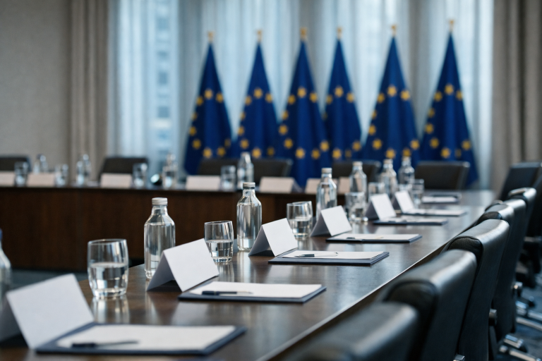 EU finance ministers meeting in Luxembourg with European flags and a modern conference setting