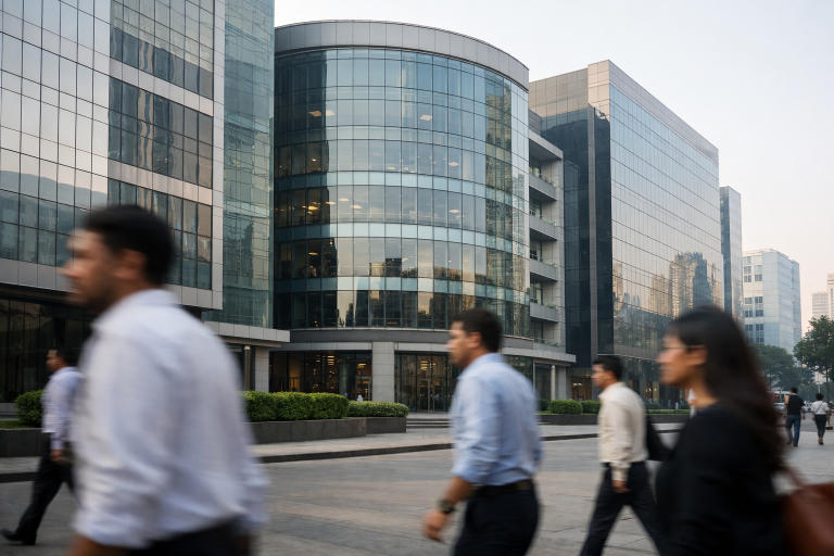 Facades of major Indian private bank branches in a financial district