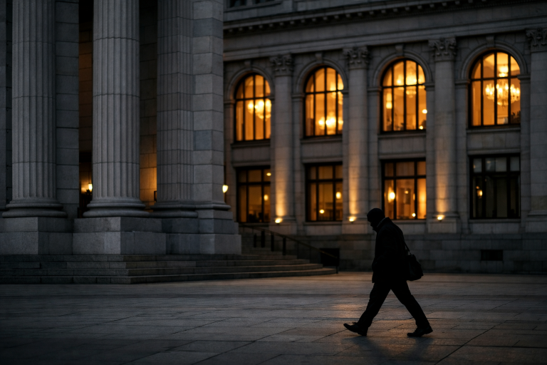 A quiet central bank facade at dusk symbolising global financial stability oversight