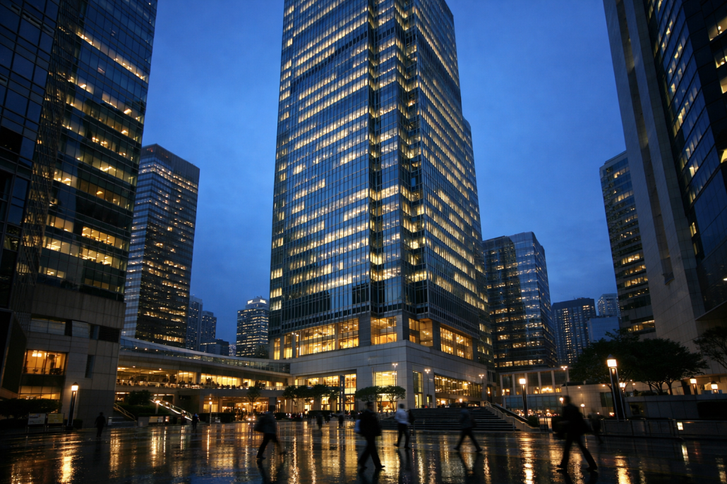 A corporate skyscraper facade in a major Asian financial district at dusk, representing a global bank's regional headquarters – HKMA HSBC Singapore AI hub