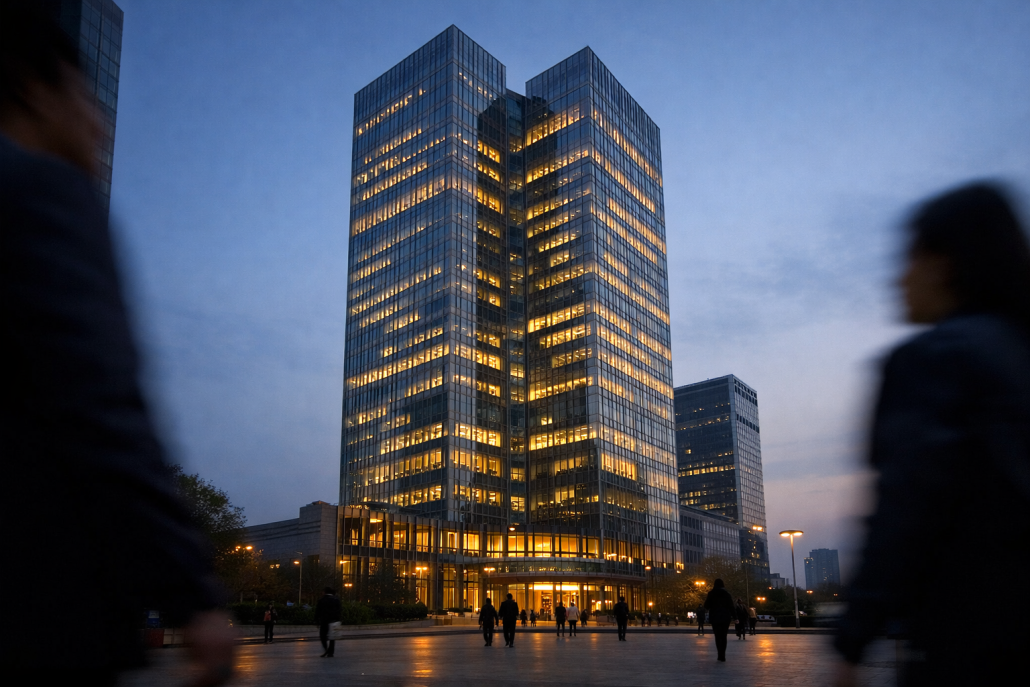 A large Chinese state bank headquarters tower in Beijing seen from street level at dusk – ICBC Han Song promotion