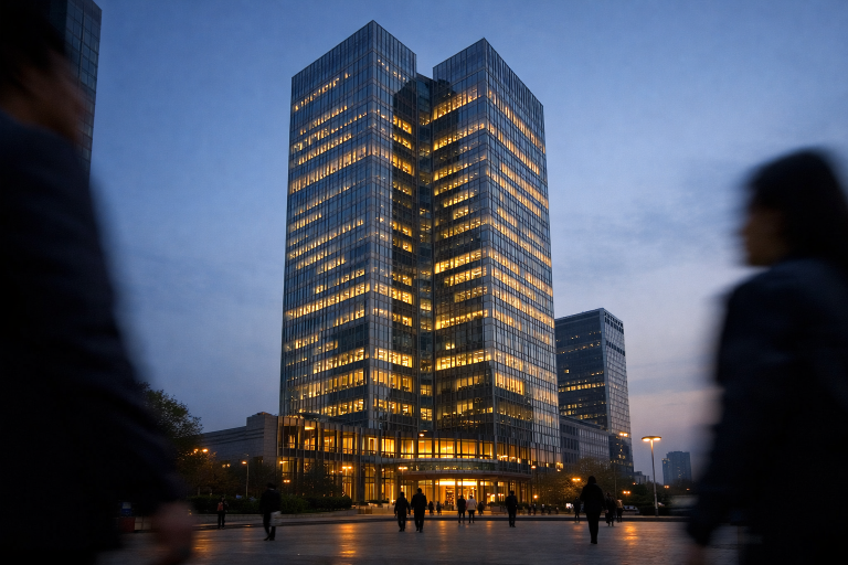 A large Chinese state bank headquarters tower in Beijing seen from street level at dusk
