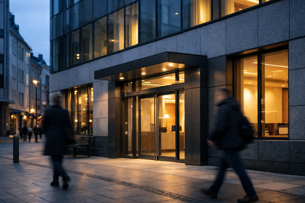 A modern Baltic bank facade and digital banking terminals representing Inbank's quarterly financial reporting – Inbank Q3 2026 results