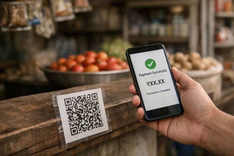A smartphone displaying a mobile payment screen at a small Indian merchant stall with a QR code sticker