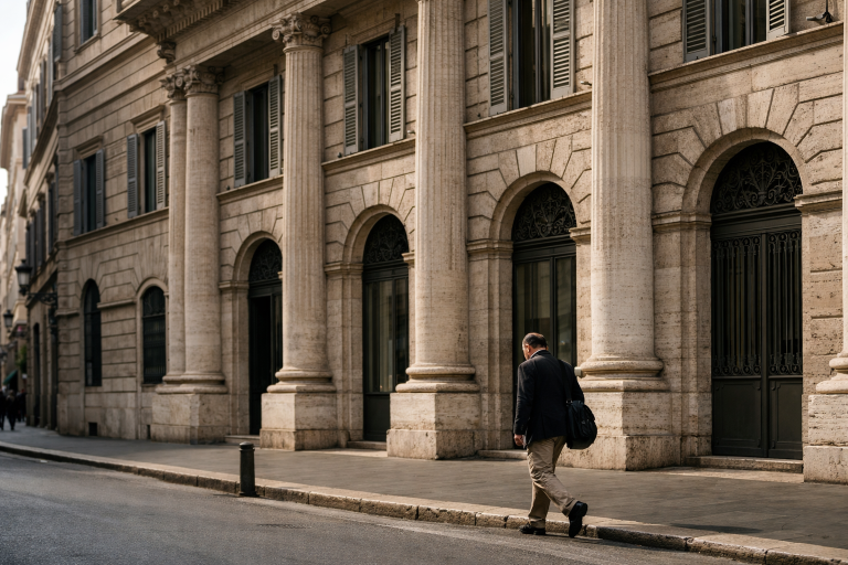A row of Italian bank branch facades on a Rome street, representing the 2027 budget levy on the financial sector
