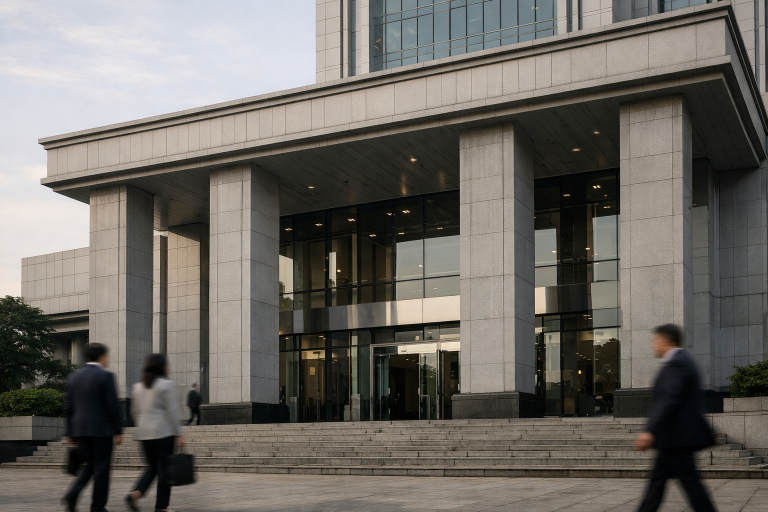 Courthouse facade in Jakarta representing a commercial court ruling on fintech lending fines