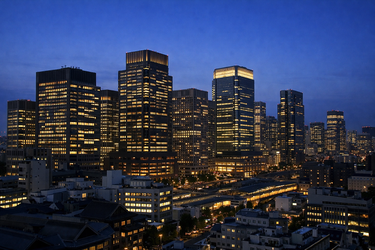 The Tokyo financial district skyline at dusk, representing Japanese bank portfolio shifts