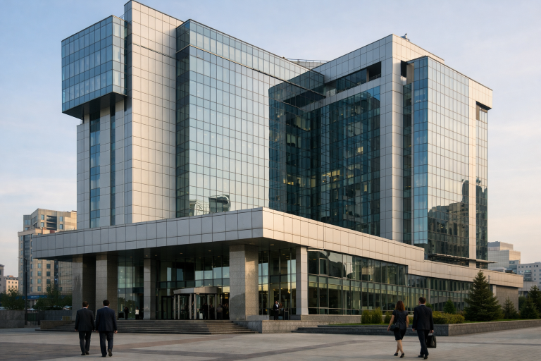 Modern office tower in Astana housing Kazakhstan's central bank, representing the National Bank of Kazakhstan rate decision