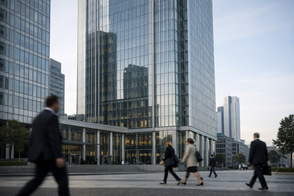 Exterior of a modern bank headquarters tower in Frankfurt's financial district under soft morning light – KfW Mittelstandspanel 2026