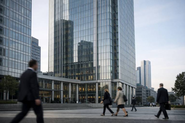 Exterior of a modern bank headquarters tower in Frankfurt's financial district under soft morning light