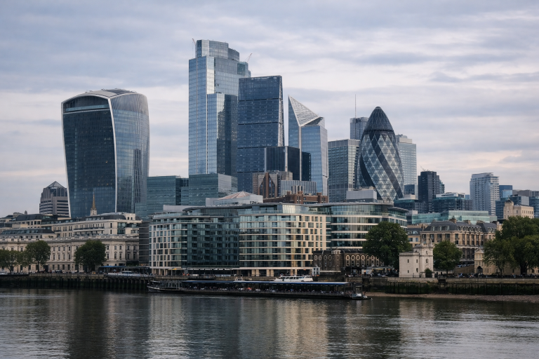 A City of London skyline showing the financial district where major UK banks report quarterly earnings