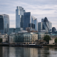 A City of London skyline showing the financial district where major UK banks report quarterly earnings