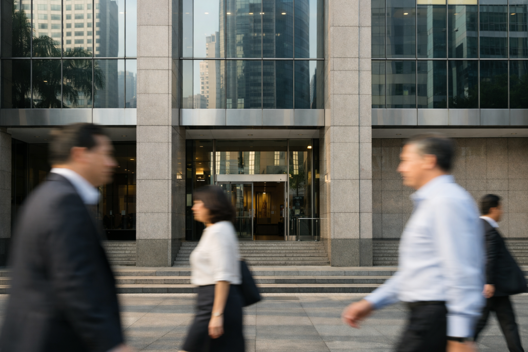 Exterior of a central bank building in Singapore's financial district under soft daylight – MAS senior leadership changes