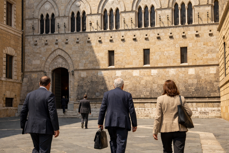 Historic bank facade in Siena, Italy, representing the Monte dei Paschi di Siena shareholder meeting