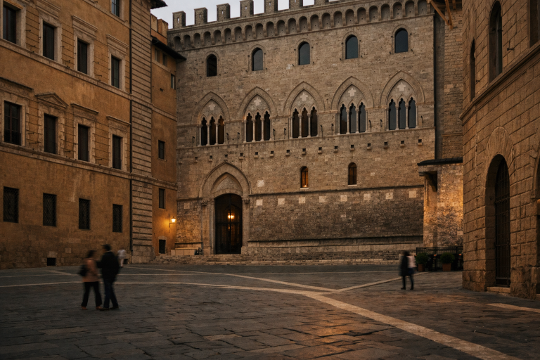 Historic Italian bank facade in Siena at dusk, symbolising a major banking consolidation moment