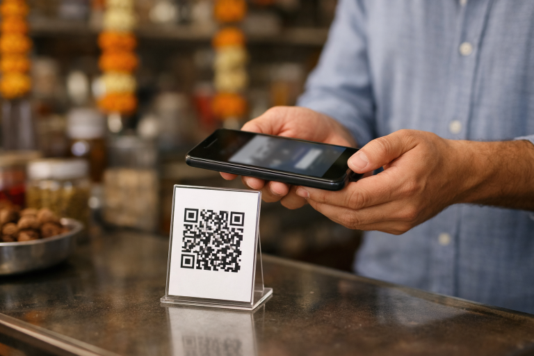 A smartphone displaying a UPI payment screen at an Indian retail counter