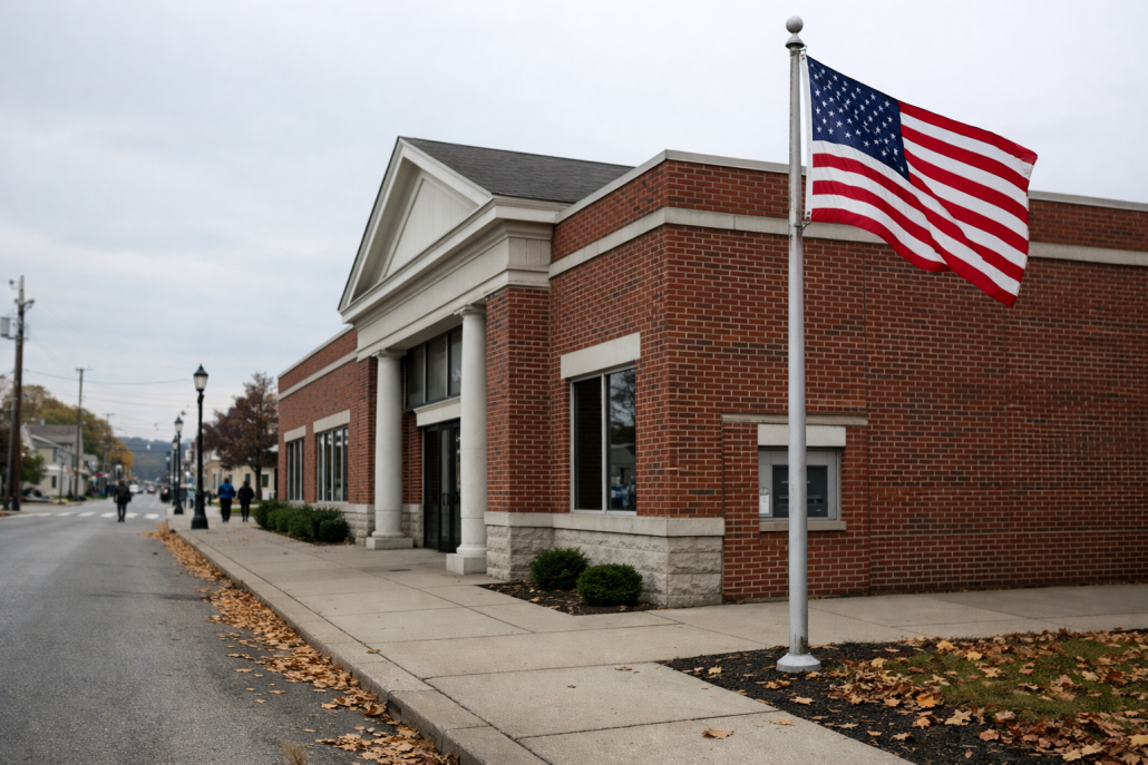 Exterior of a small American community bank branch on a quiet main street in rural Ohio – Fiserv cybersecurity lawsuit