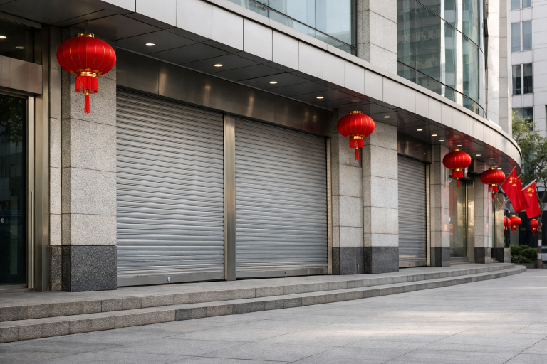 A modern Chinese bank facade with national flags during the National Day Golden Week holiday
