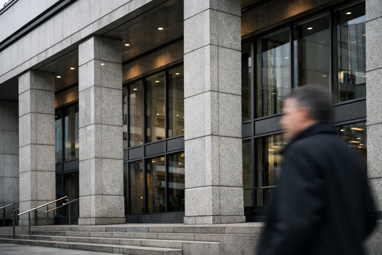 A bank facade in Wellington representing the Reserve Bank of New Zealand monetary policy decision