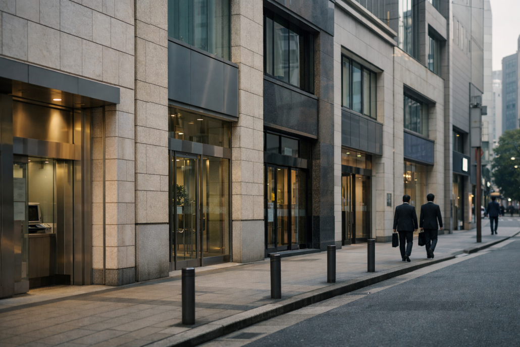 R&I & JCR Upgrade 13 Japanese Banks in H2 2026 Review – Japan bank credit rating upgrades 2026 A row of Japanese bank branch facades along a Tokyo street, illustrating domestic credit rating upgrades – Japan bank credit rating upgrades 2026