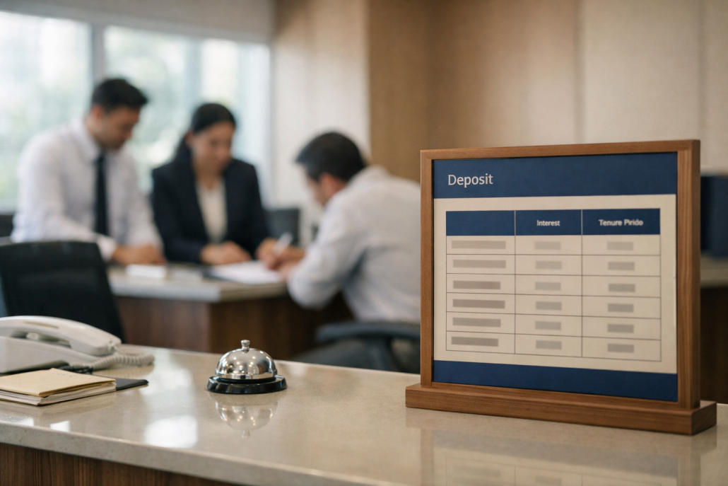 Bank branch counter in India with a fixed deposit information board – Shriram Finance FD rates