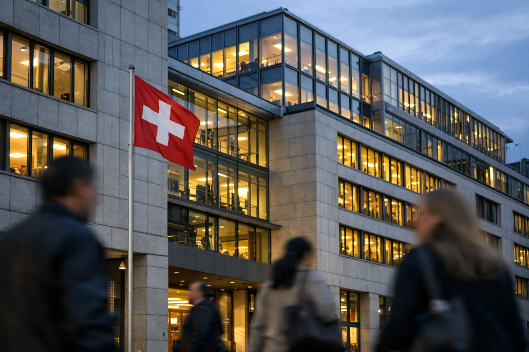 Exterior of a major Swiss bank headquarters in Zurich with the national flag visible – UBS Q3 2026 profit