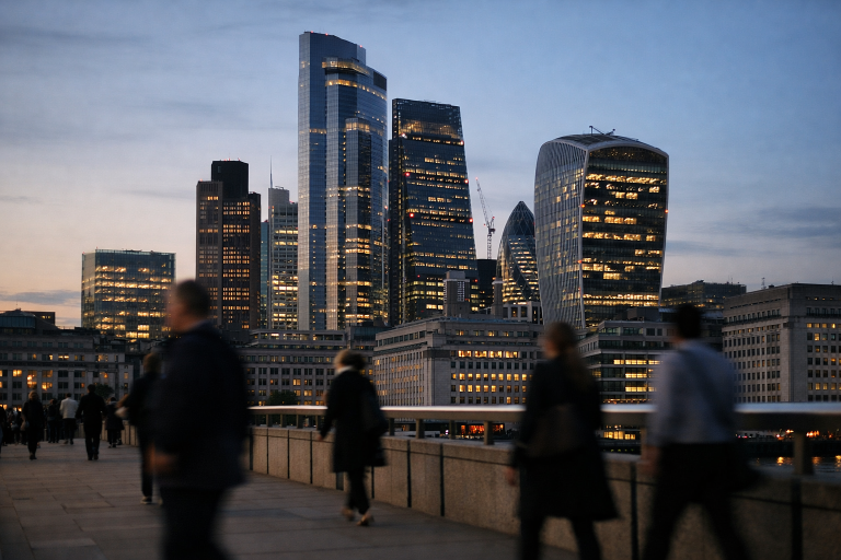 Night view of a London financial district skyline representing UK sanctions enforcement